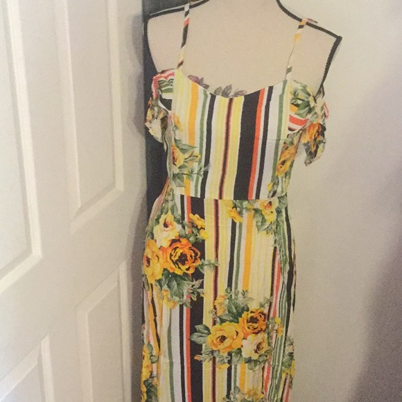 YELLOW FLORAL COLD SHOULDER STRIPE DRESS - Picture 4 of 8